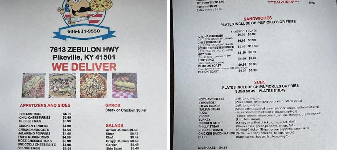 Five Star Pizza Menu